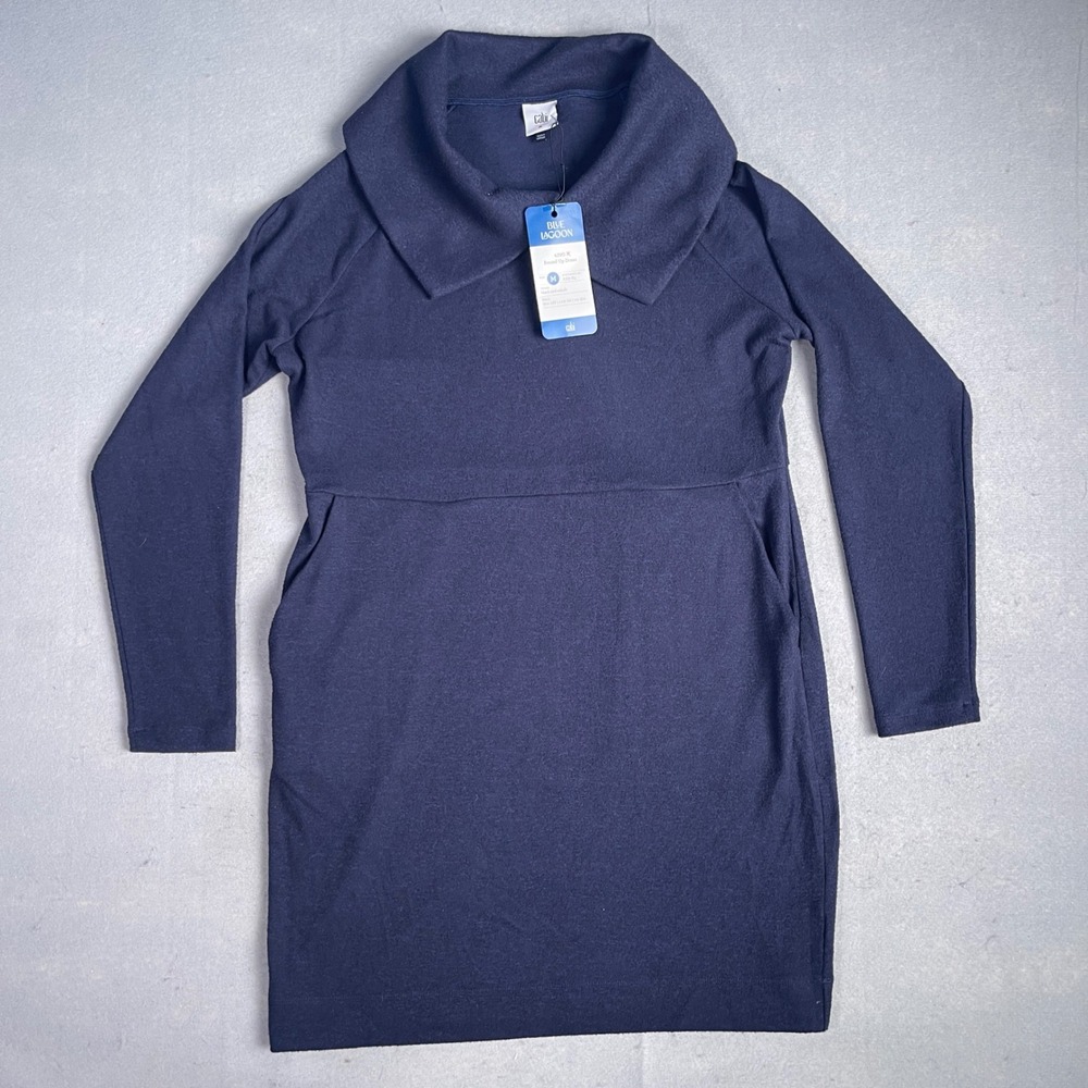 Cabi Round Up Dress Funnel‎ Neck Long Sleeve Pockets Black Cobalt Blue M